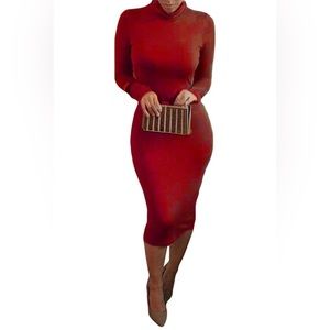 Womens Turtleneck Long Sleeve Bodycon Midi Sheath Dress in red